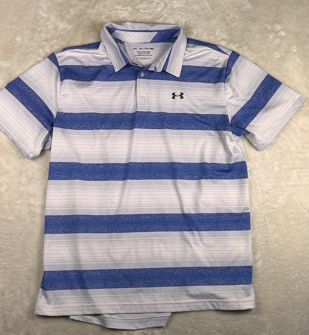 Under Armour The Playoff Polo Men's Sz 2XL Loose Fit Striped Blue Short Sleeve